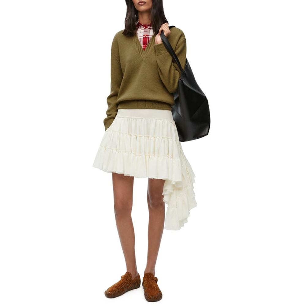 Lookbook (W) ロエベ SS24 グレー ホワイト アシンメトリー プリーツ カジュアルスカート S540Y08XAJ-2120