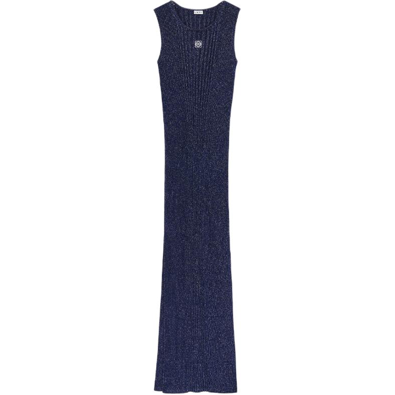 (Women) LOEWE SS24  Navy Sleeveless Knit Dress with Logo Embroidery and Side Slits. S359Y15KA2-5120