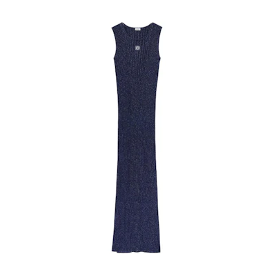 (Women) LOEWE SS24 Navy Sleeveless Knit Dress with Logo Embroidery and Side Slits. S359Y15KA2-5120