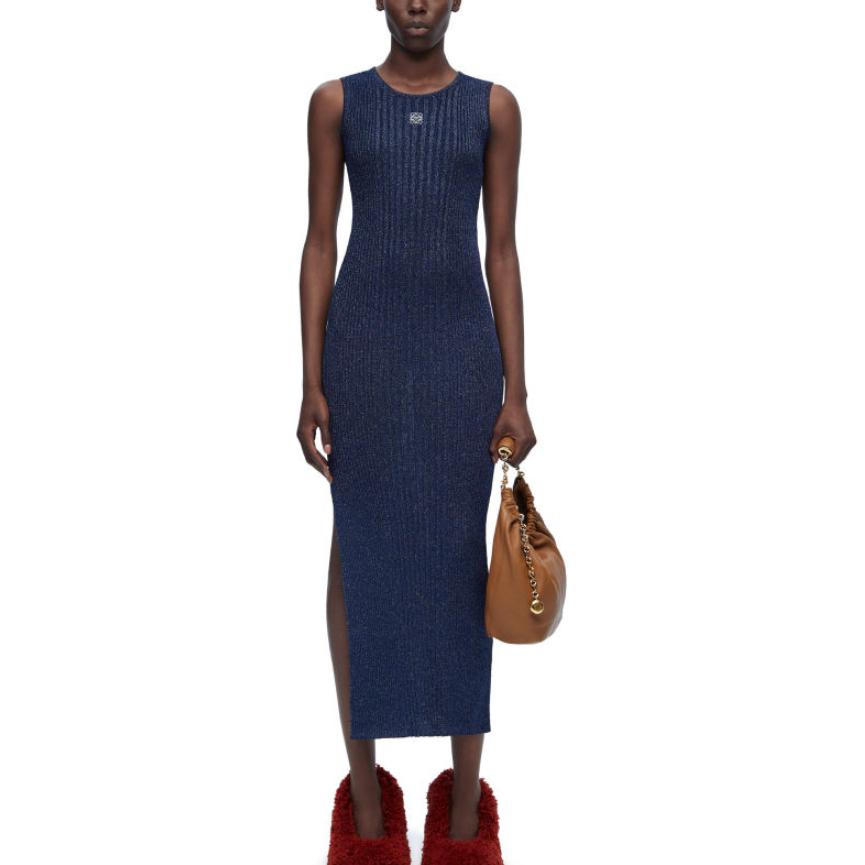 Lookbook (W) 罗意威SS24海军蓝无袖针织连衣裙，徽标刺绣及侧开叉设计。 S359Y15KA2-5120