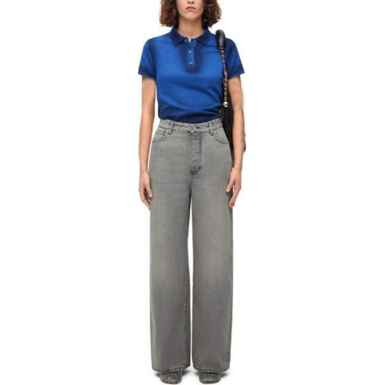 Lookbook (W) ロエベ SS24 ウォッシュド ハイウエスト ルーズ ボタン ジーンズ グレー S540Y11X75-1440