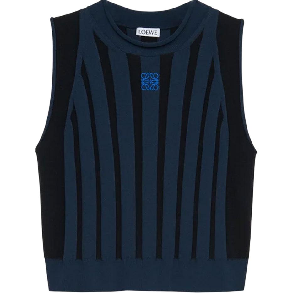 (Women) LOEWE SS25 Navy Blue Ribbed Knit Inverted Logo Slim Crop Tank Top S359Y55K18-5197