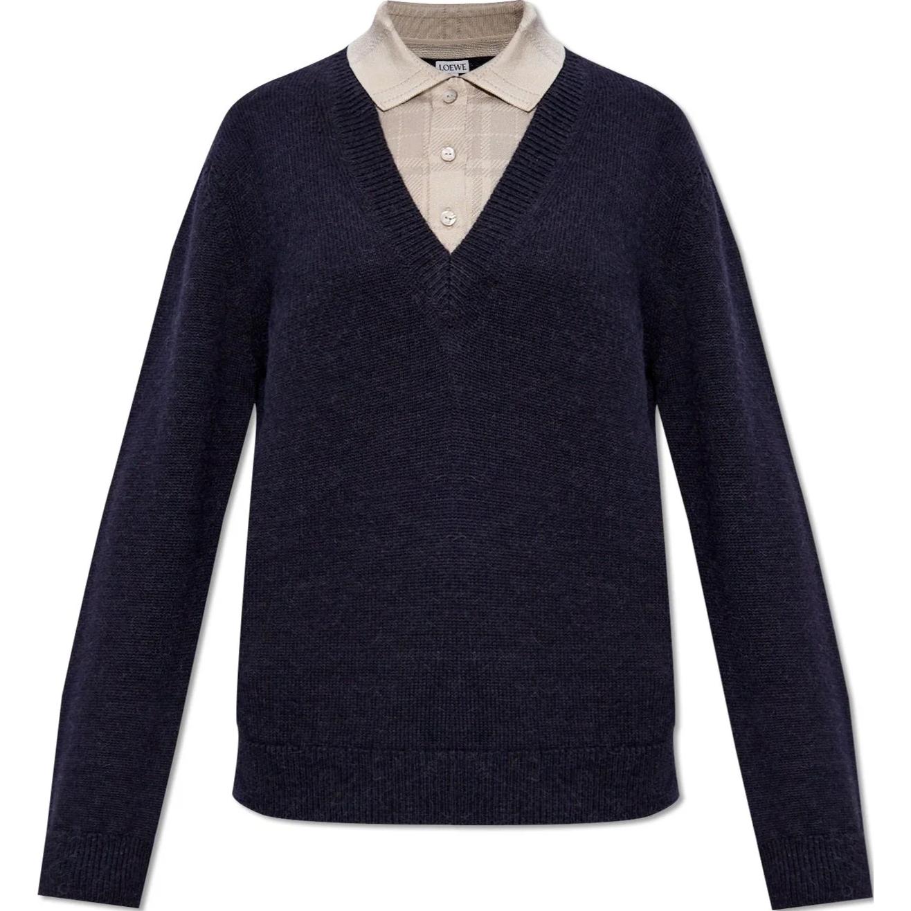 (Women) LOEWE Trompe L'oeil Navy Blue Wool Silk V-Neck Sweater Women’s Long Sleeve. S540Y14KEQ-4936