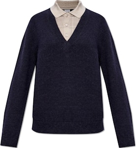 (W) LOEWE Trompe L''oeil Baju Biru Navy Wool Silk V-Neck Wanita Lengan Panjang. S540Y14KEQ-4936 Buy (W) LOEWE Trompe L''oeil Baju Biru Navy Wool Silk V-Neck Wanita Lengan Panjang. S540Y14KEQ-4936