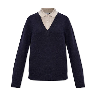 (Women) LOEWE Trompe L'oeil Navy Blue Wool Silk V-Neck Sweater Women’s Long Sleeve. S540Y14KEQ-4936