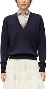 (W) LOEWE Trompe L''oeil Baju Biru Navy Wool Silk V-Neck Wanita Lengan Panjang. S540Y14KEQ-4936 Shop (W) LOEWE Trompe L''oeil Baju Biru Navy Wool Silk V-Neck Wanita Lengan Panjang. S540Y14KEQ-4936