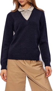 (W) LOEWE Trompe L''oeil Baju Biru Navy Wool Silk V-Neck Wanita Lengan Panjang. S540Y14KEQ-4936 Details for (W) LOEWE Trompe L''oeil Baju Biru Navy Wool Silk V-Neck Wanita Lengan Panjang. S540Y14KEQ-4936