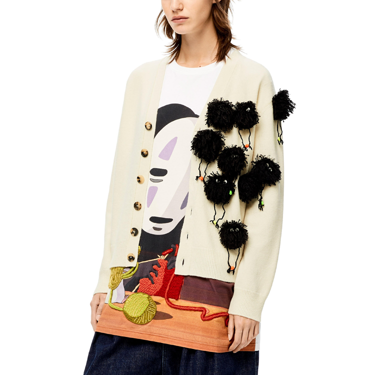 Shop (Women) LOEWE x Spirited Away SS22 Beige Pom-Pom Wool Knit Cardigan for Women S928Y16K01-2425