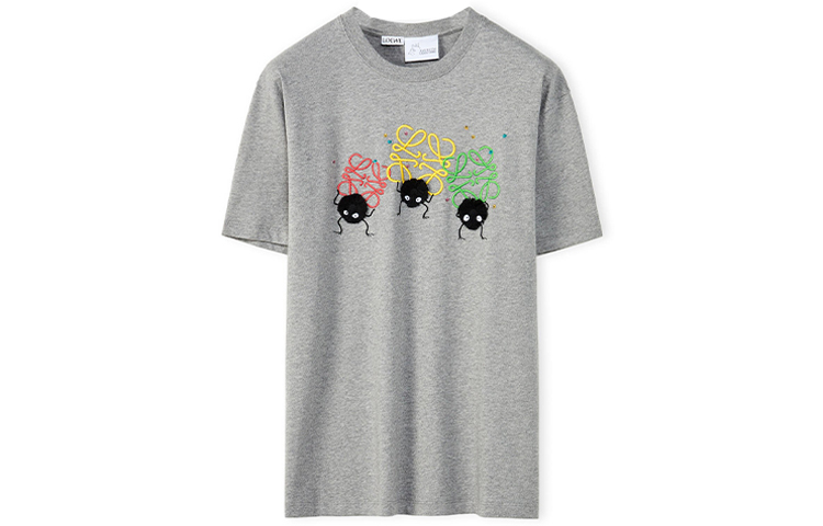 (Women) LOEWE Spirited Away SS22 Grey Tee with Multicolor Soot Sprite Print Women. S928Y22J01-1121