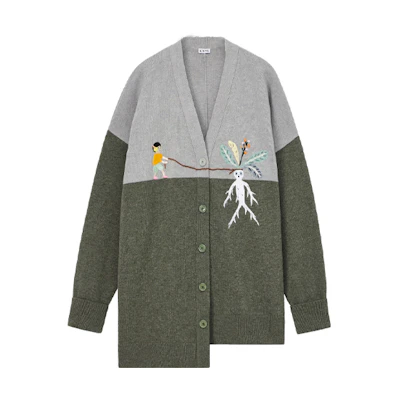 (Women) LOEWE Suna Fujita FW23 Green Knit Cardigan with Cartoon Pattern S359Y16K48-1221