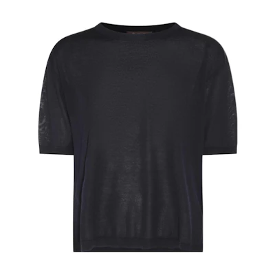 (Women) Loro Piana Loose Fit Round Neck Navy Blue Short Sleeve T-Shirt. FAM7851W000
