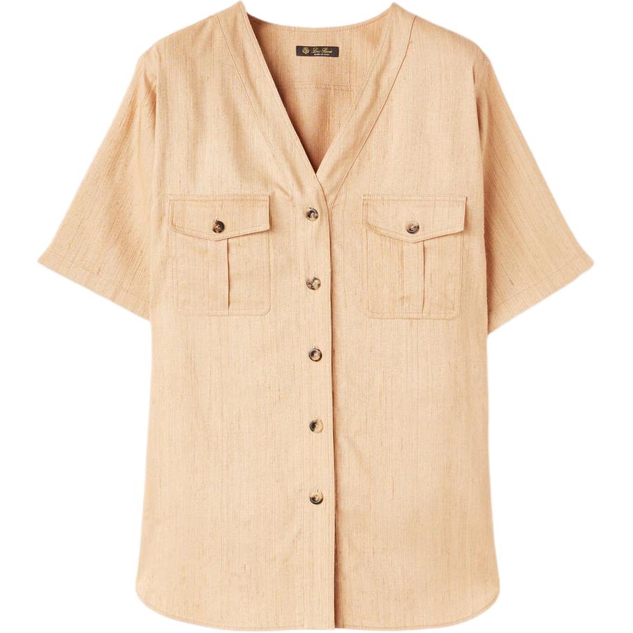(Women) Loro Piana  SS24 Light Yellow V-Neck Pocket Short Sleeve Shirt. FAN7463E0B5