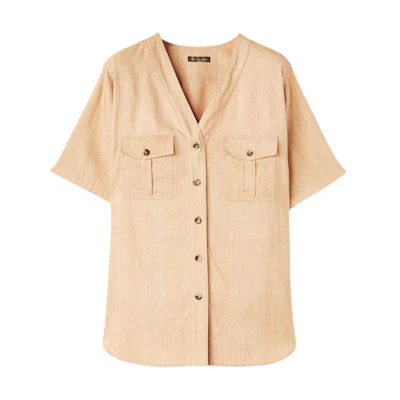 (Women) Loro Piana SS24 Light Yellow V-Neck Pocket Short Sleeve Shirt. FAN7463E0B5