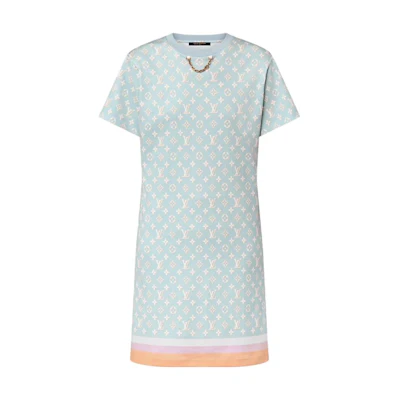 (Women) Louis Vuitton Blue Short-Sleeve Slim Midi Dress with Monogram Print 1ABYHV