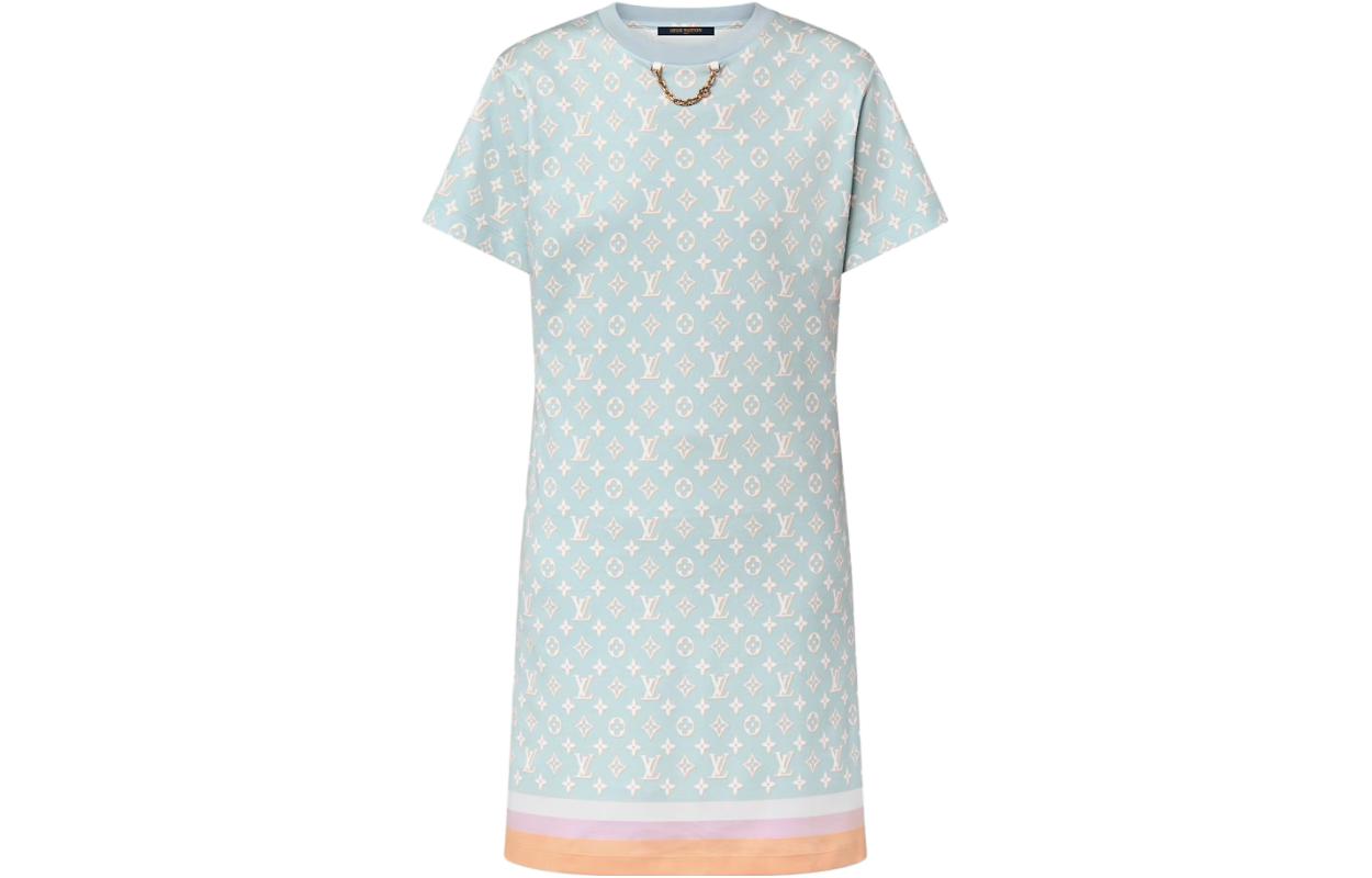 Order (W) Louis Vuitton Midi Dress Biru Lengan Pendek Slim dengan Motif Monogram 1ABYHV