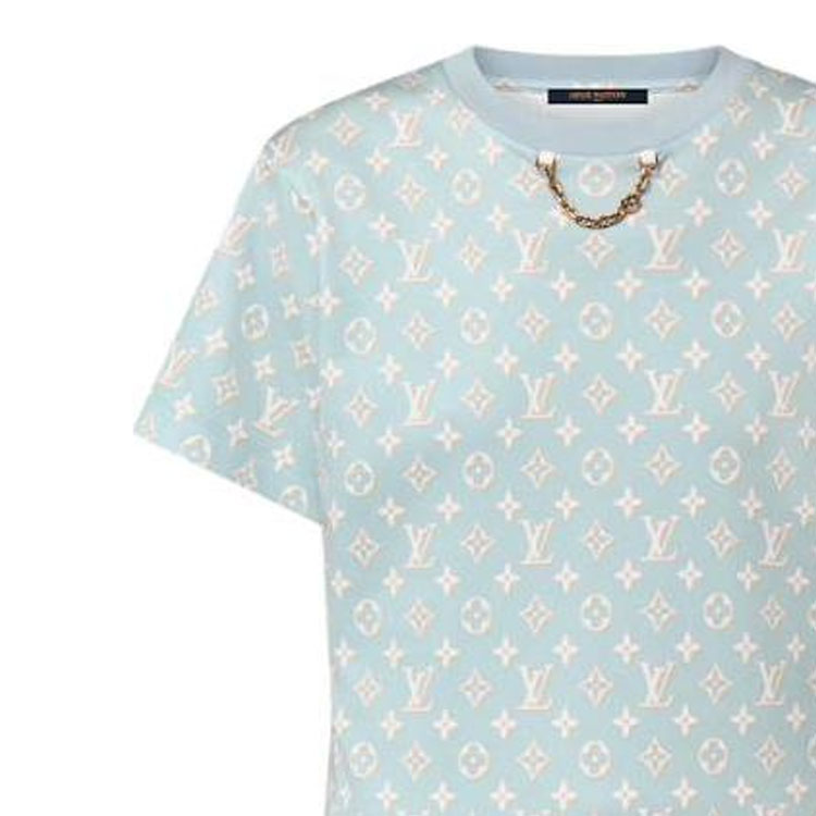 Sizing (W) Louis Vuitton Midi Dress Biru Lengan Pendek Slim dengan Motif Monogram 1ABYHV