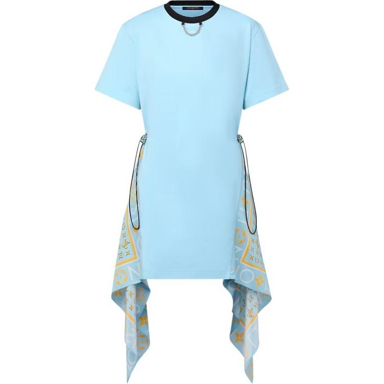 Order (W) Louis Vuitton Gaun Biru Lengan Pendek dengan Motif dan Detail Syal. 1AFTPO