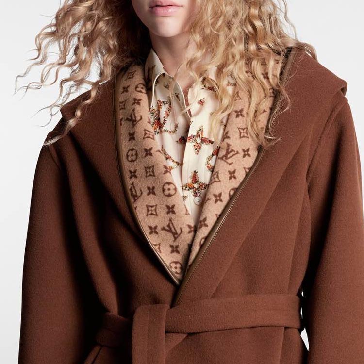 Purchase (Women) LOUIS VUITTON  Brown Mid-Length Solid Hoodie Belted Coat 1AFCOU
