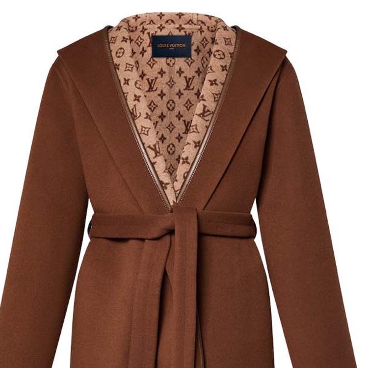 Sizing (Women) LOUIS VUITTON  Brown Mid-Length Solid Hoodie Belted Coat 1AFCOU