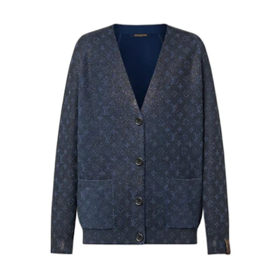 (Women) LOUIS VUITTON Deep Blue V-Neck Cardigan with Shimmer Print and Pockets. 1AC1BY