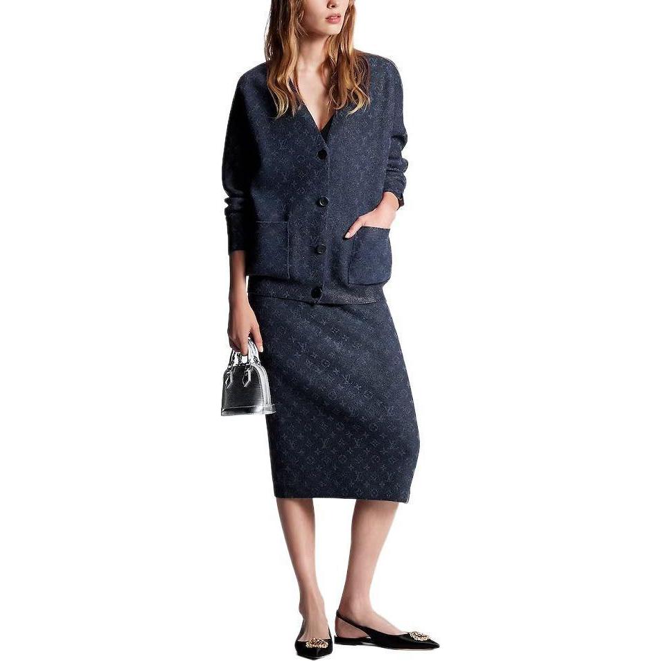 Lookbook (W) 路易威登 深蓝色闪光印花V领针织开衫配口袋 1AC1BY