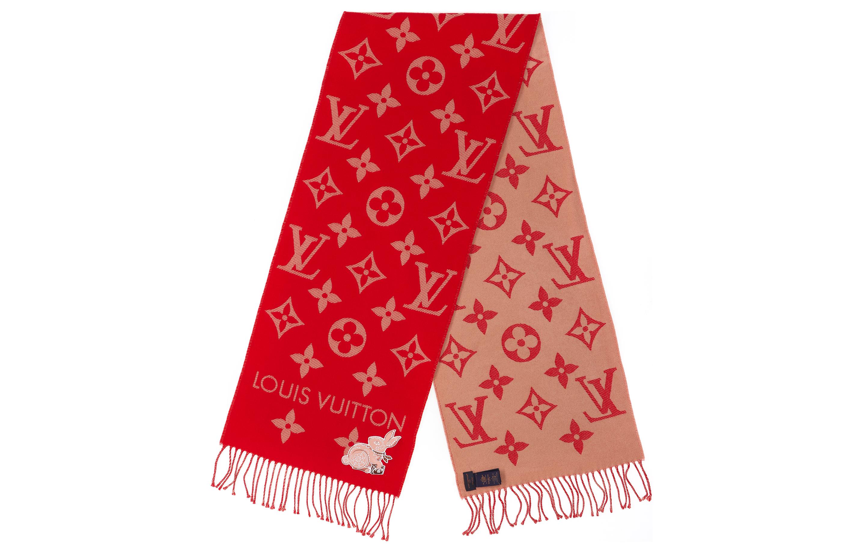 (Women) LOUIS VUITTON  Red Wool Scarf with Rabbit Jacquard Pattern M78166