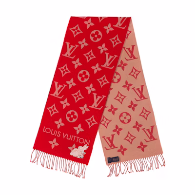 (Women) LOUIS VUITTON Red Wool Scarf with Rabbit Jacquard Pattern M78166