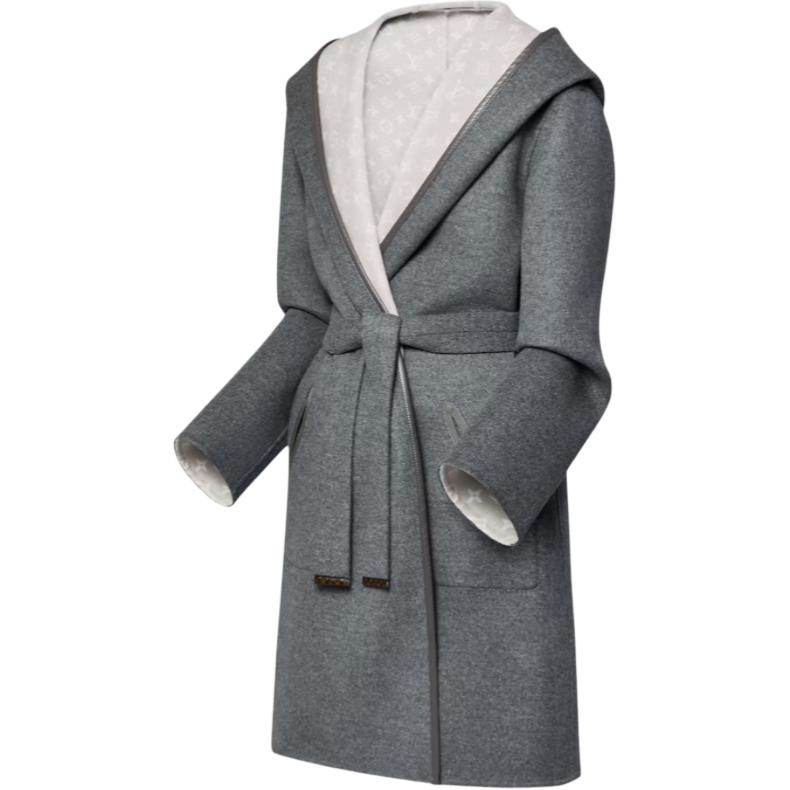 (Women) Louis Vuitton  Reversible Monogram Long Hooded Coat Grey White 1AFSJG 圖 6