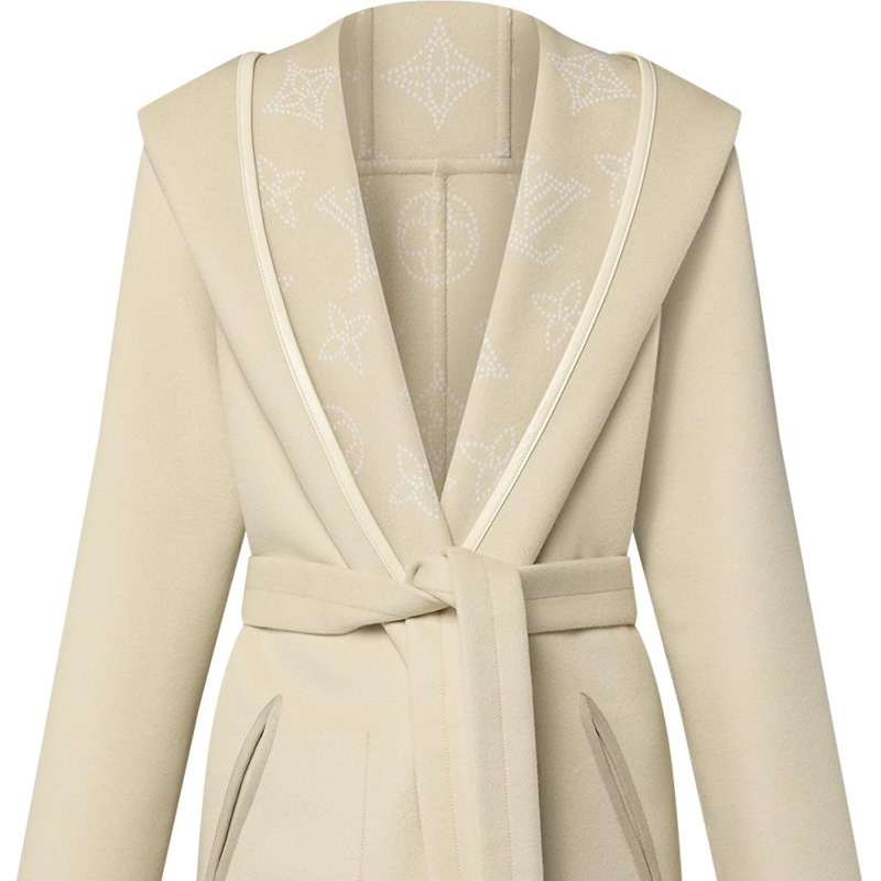 Purchase (Women) LOUIS VUITTON  Solid Beige Hooded Mid-Length Coat. 1AGBQD