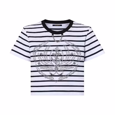 (Women) Louis Vuitton Striped Print Short-Sleeve Crewneck Tee White SS24. 1AFMTI