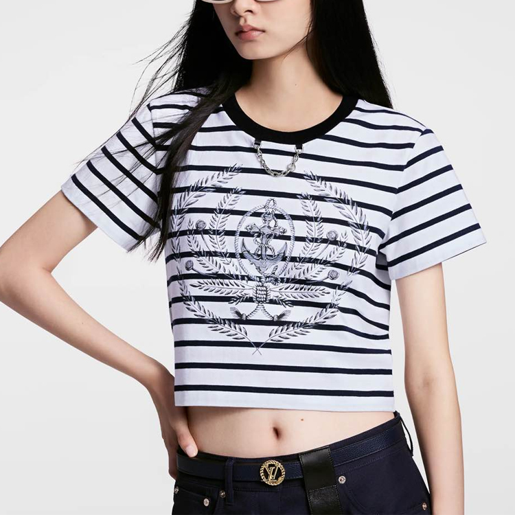Shop (Women) Louis Vuitton  Striped Print Short-Sleeve Crewneck Tee White SS24. 1AFMTI