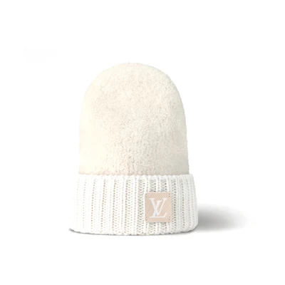 (Women) LOUIS VUITTON White Ribbed Knit Logo Beanie - Wool Nylon Spandex M79444