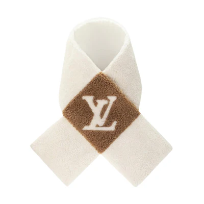 (Women) LOUIS VUITTON White Wool Cashmere Scarf with Micro Logo Design. 113443404
