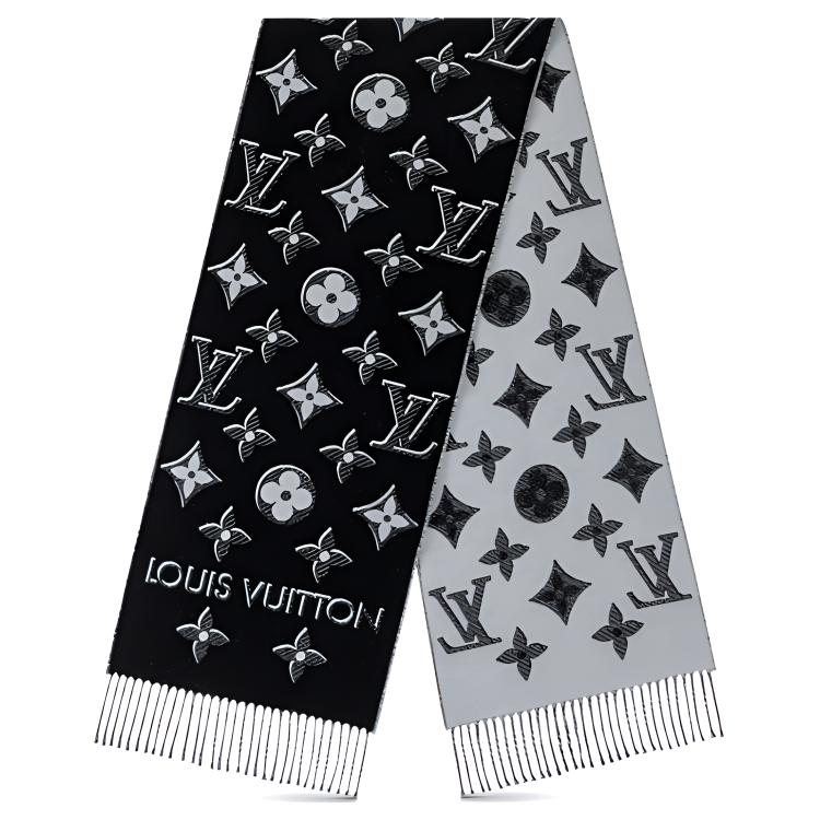 (Women) LOUIS VUITTON  Wool Knit Scarf Black with Warm Letter Print Design M78159