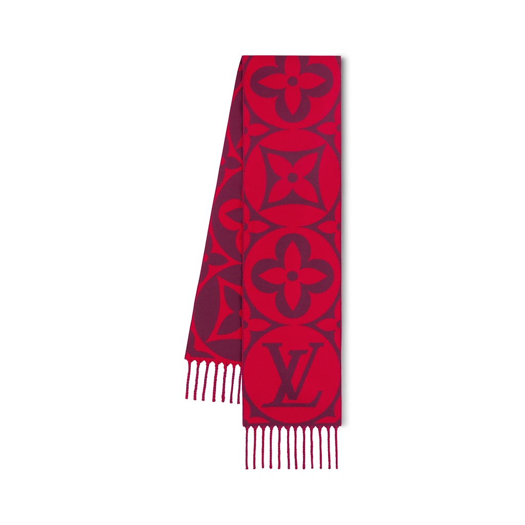 (Women) Louis Vuitton  Wool Knit Scarf Red with Monogram Pattern M90853