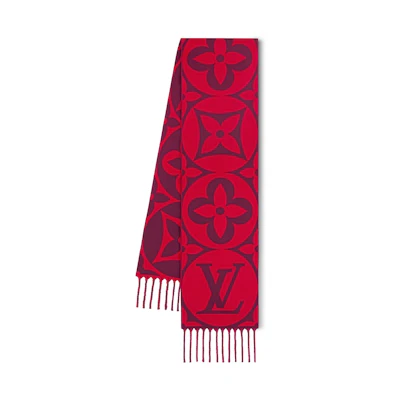(Women) Louis Vuitton Wool Knit Scarf Red with Monogram Pattern M90853