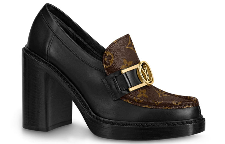 Order (Women) Louis Vuitton Academy Heeled Loafers 'Black with Brown Monogram' 1A86LV