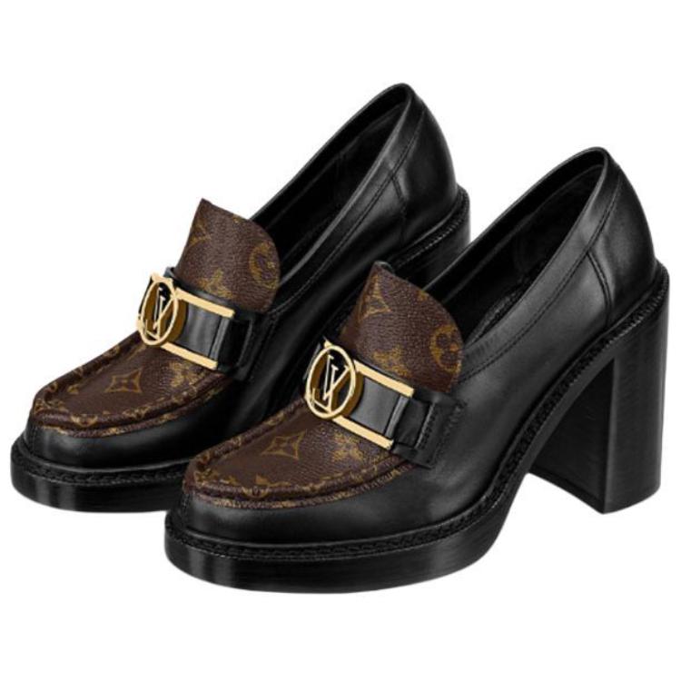 Lookbook (Women) Louis Vuitton Academy Heeled Loafers 'Black with Brown Monogram' 1A86LV