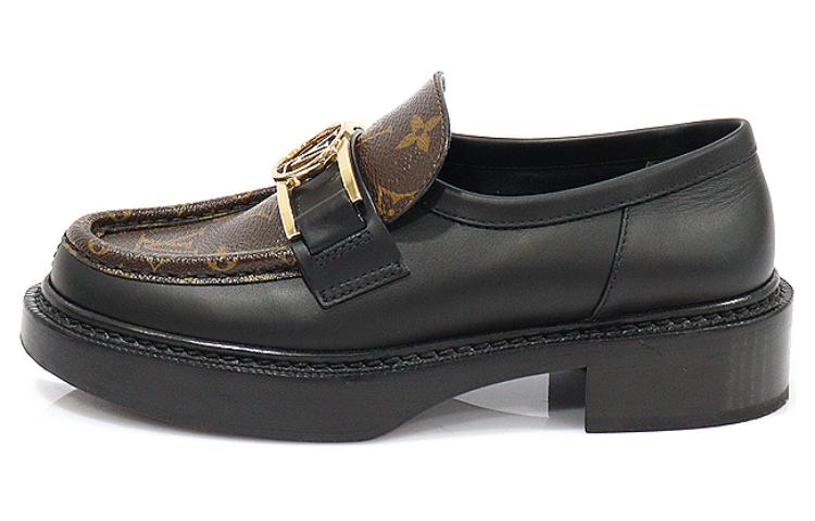 (Women) Louis Vuitton Academy Loafers 'Black with Brown Monogram and Gold Plate' 1A7TXN