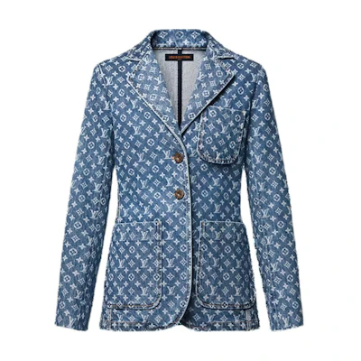 (Women) Louis Vuitton All-Over Print Slim Fit Blazer Blue Long Sleeve Jacket 1AFYTF