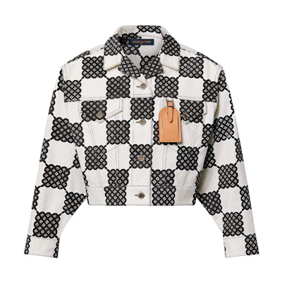 (Women) LOUIS VUITTON Alpha Damier Monogram Cropped Jacket White SS23. 1ABRF3