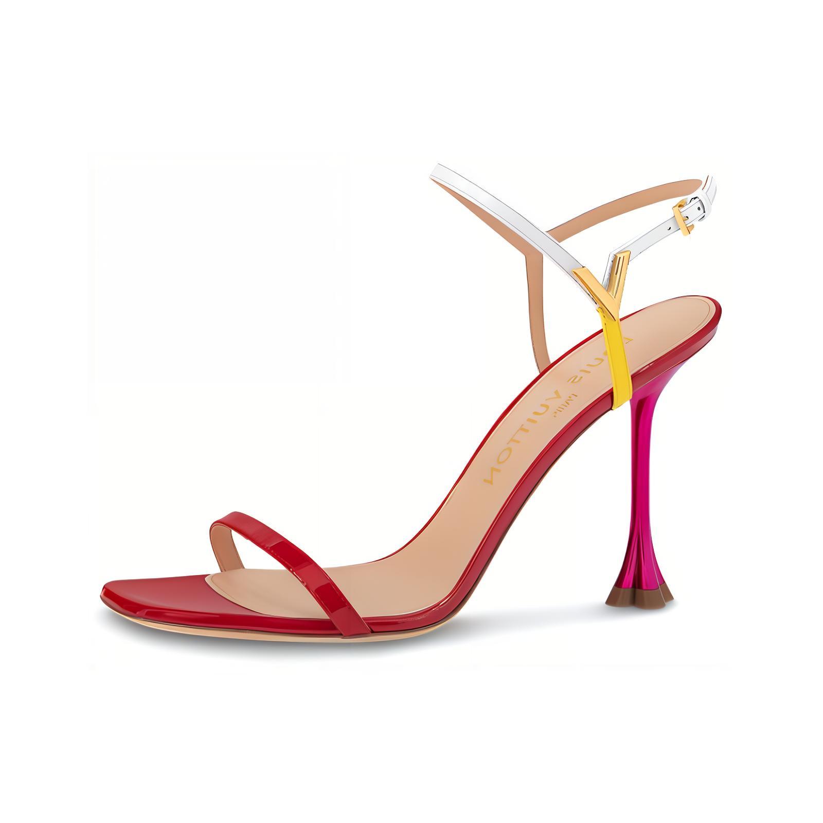 Buy (W) Sandal Louis Vuitton B Blossom Kulit Merah dengan Gesper dan Ujung Terbuka 1AC8VX