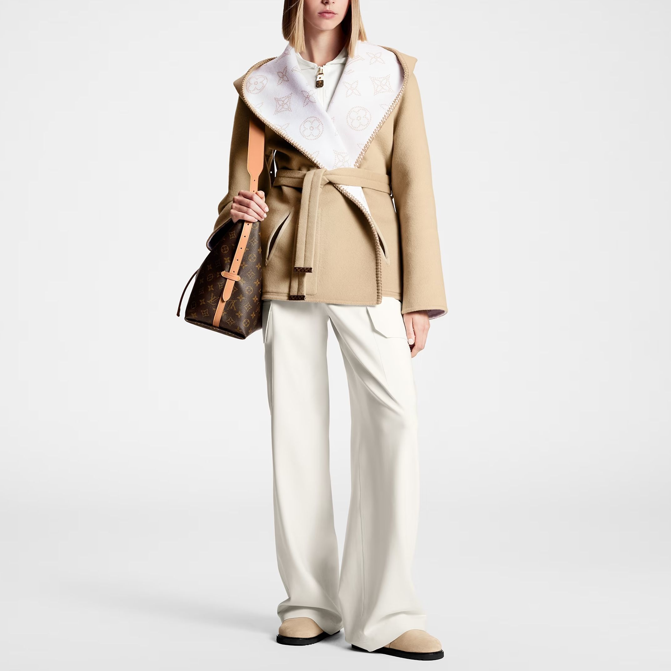 (Women) Louis Vuitton Beige Solid Lace-Up Hooded Long Sleeve Jacket 1AC0UG 圖 3