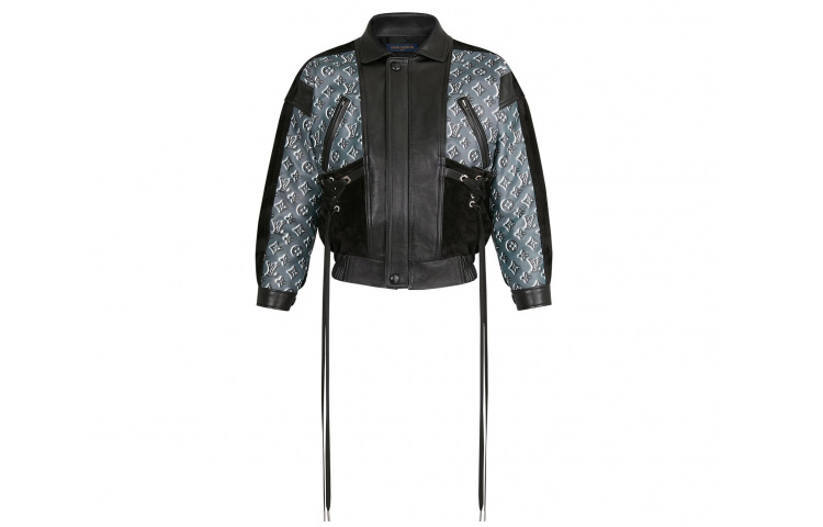 Order (W) Louis Vuitton Jaket Kulit Hitam Embossed dengan Ritsleting 1A62UF