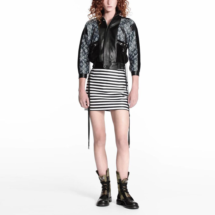 Lookbook (W) Louis Vuitton Jaket Kulit Hitam Embossed dengan Ritsleting 1A62UF