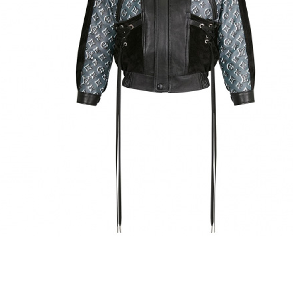 Sizing (W) Louis Vuitton Jaket Kulit Hitam Embossed dengan Ritsleting 1A62UF