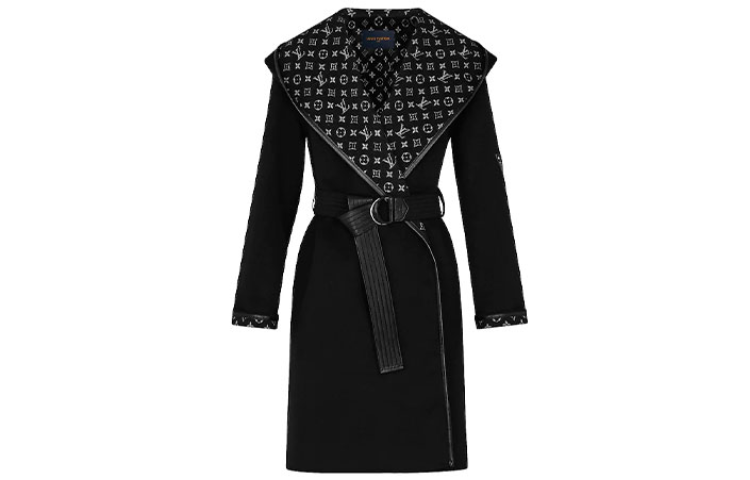 (Women) LOUIS VUITTON Black Hooded Wool Coat with Logo Print & Cinched Waist 1A4PEA