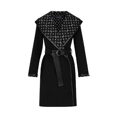 (Women) LOUIS VUITTON Black Hooded Wool Coat with Logo Print & Cinched Waist 1A4PEA