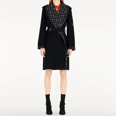 (Women) LOUIS VUITTON Black Hooded Wool Coat with Logo Print & Cinched Waist 1A4PEA Purchase (Women) LOUIS VUITTON Black Hooded Wool Coat with Logo Print & Cinched Waist 1A4PEA
