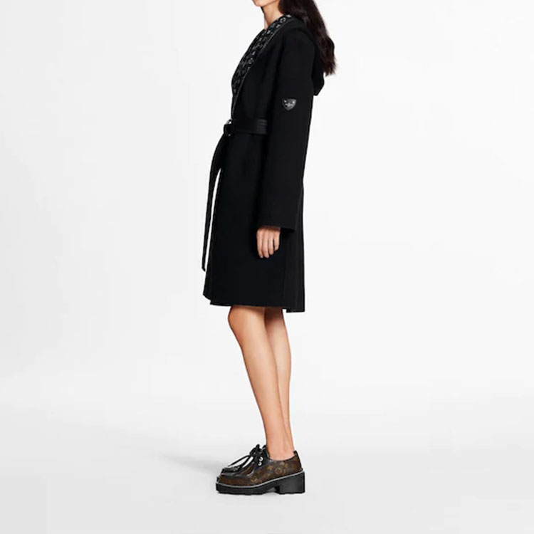 Details for (W) LOUIS VUITTON 黑色連帽羊毛大衣 帶徽標印花與收腰設計 1A4PEA